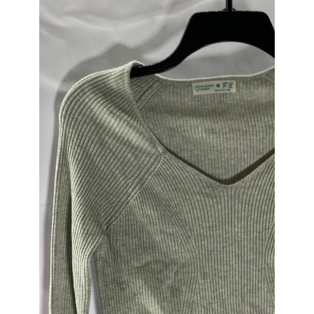 PRIMARK CARES Women's Light Grey Ribbed V-Neck Long Sleeve Top SZ M