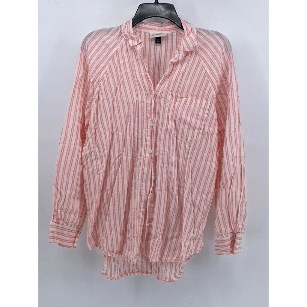 UNIVERSAL THREAD Women's Pink-White Striped Linen-Blend Button-Up Top SZ XS