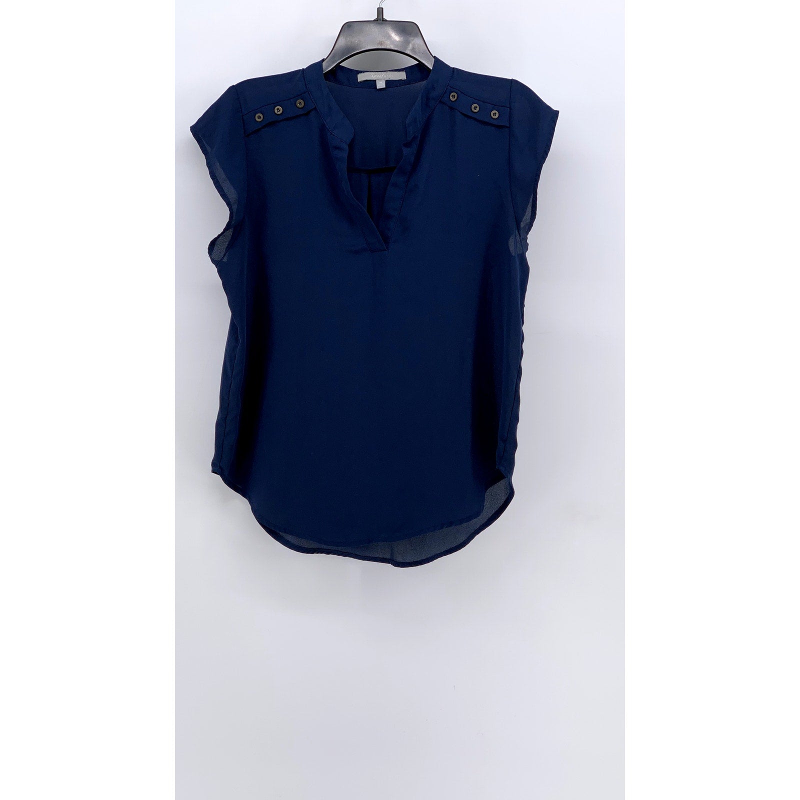 SWEET RAIN Women's Navy Cap Sleeve Split Neck Top SZ M