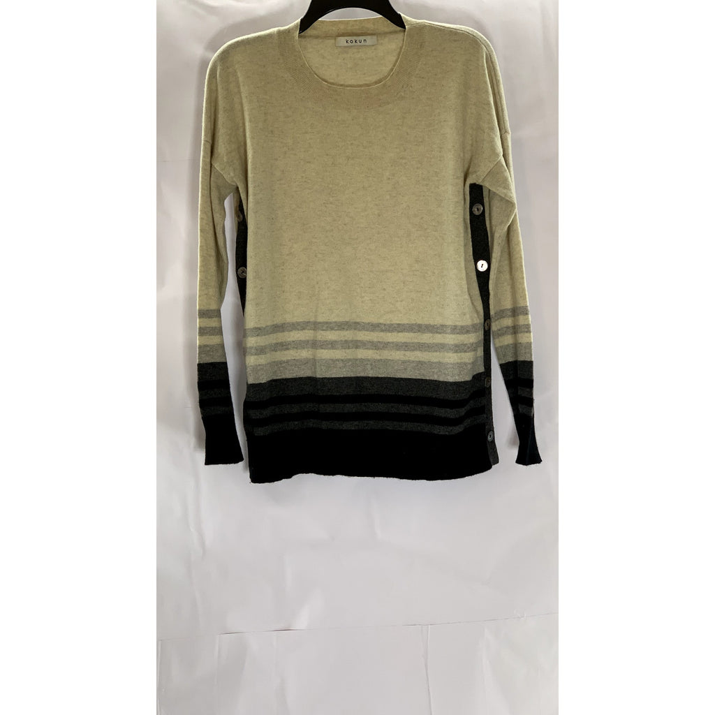 KOKUN Women's Tan/Black Cashmere Striped Colorblock  Side-Button Sweater SZ M