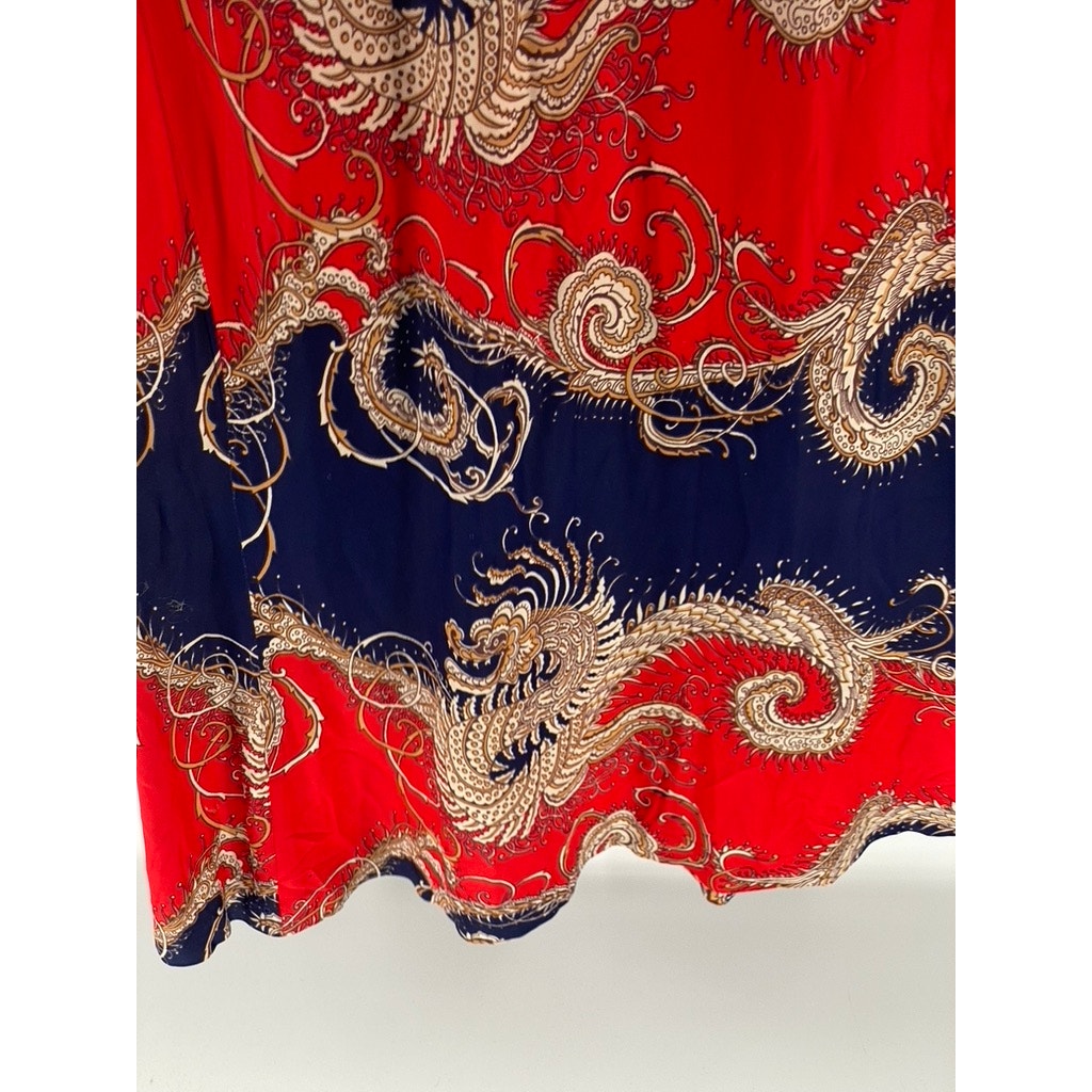 RICHARD SHOPS Women's Red-Navy Dragon Print Henley Long Sleeve Maxi Dress SZ 14