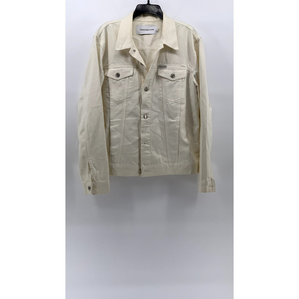 CALVIN KLEIN JEANS Men's White Denim  Button-Up Long Sleeve Trucker Jacket SZ L