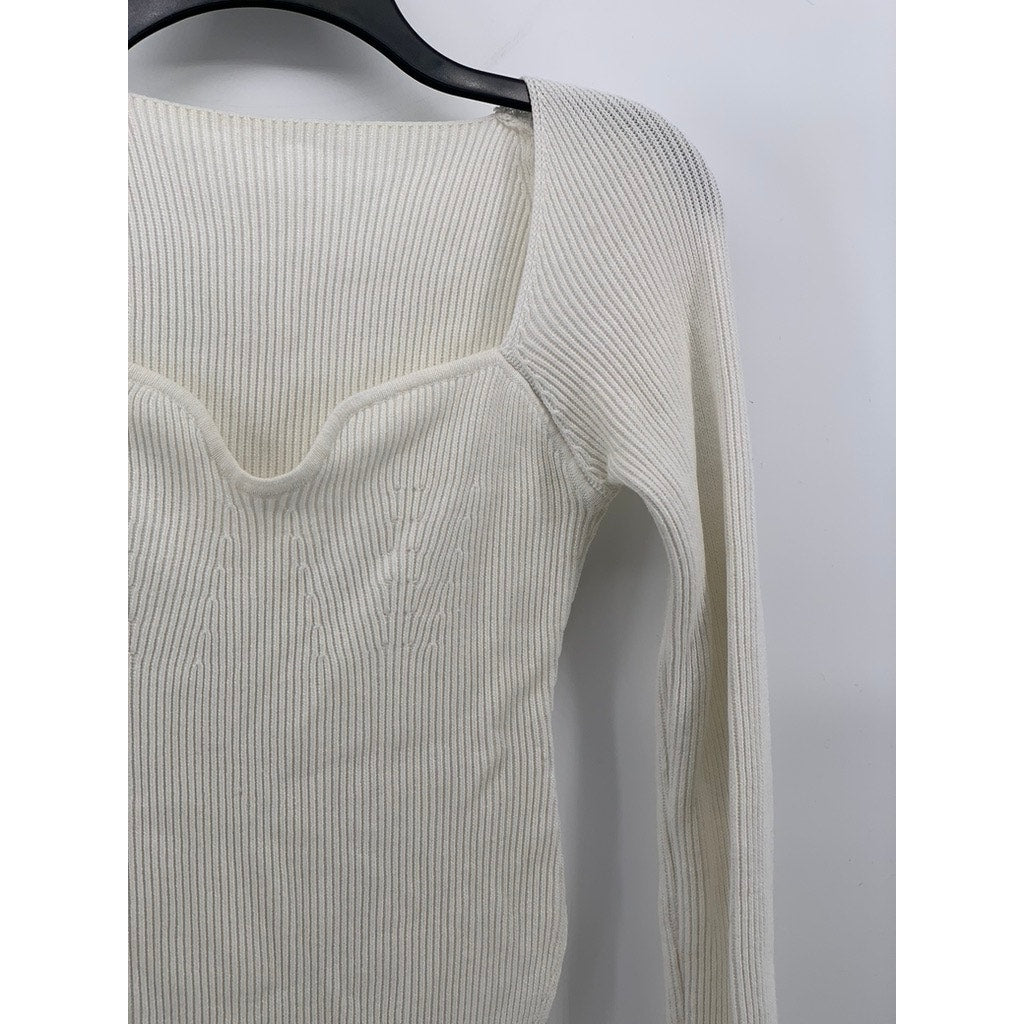 UNBRANDED Women's White Rib Square Hem Slim Fit Long Sleeve V-Neck Top SZ S