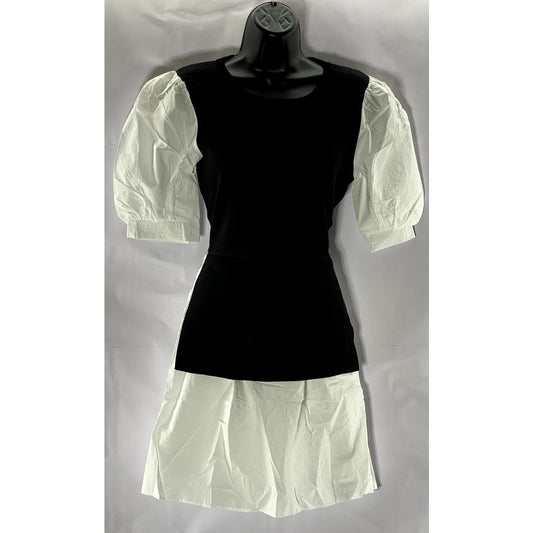 ENGLISH FACTORY Women's Black/White Short Puff Sleeve Poplin Mini Dress SZ M
