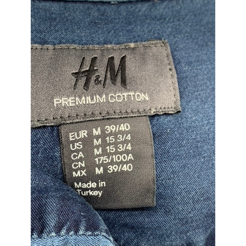 H&M Men's Blue Denim Premium Cotton Button-Up Long Sleeve Shirt SZ M