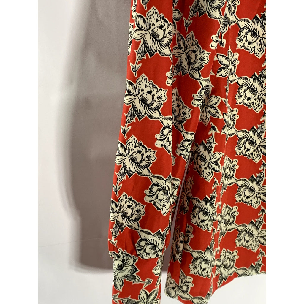 LUCKY WINNER Women's Red Floral Tie-Neck Long Sleeve Top SZ S