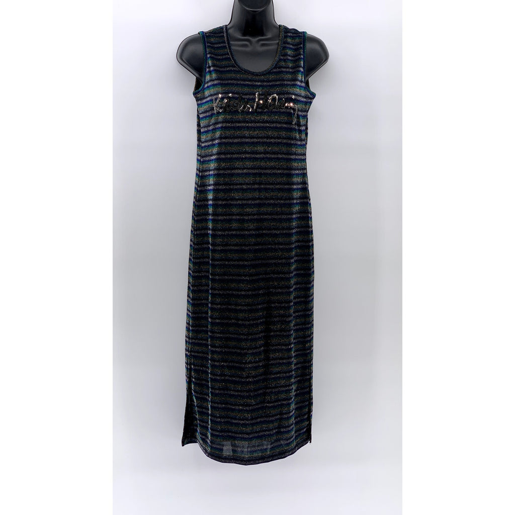 KEITH HARING By GGPX Women's Black-Multi Striped Metallic V-Neck Midi Dress SZ S