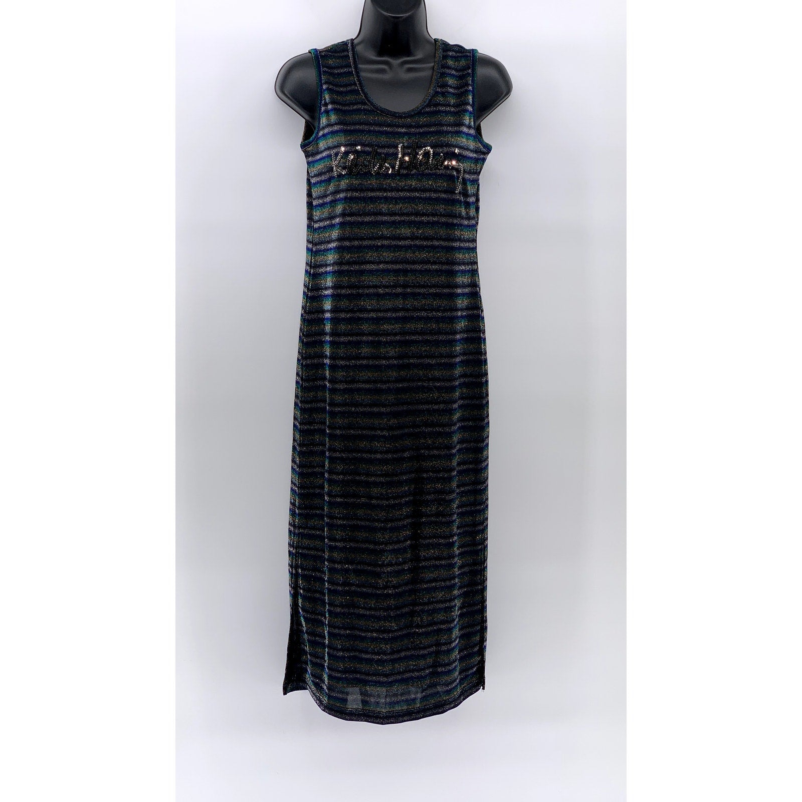 KEITH HARING By GGPX Women's Black-Multi Striped Metallic V-Neck Midi Dress SZ S