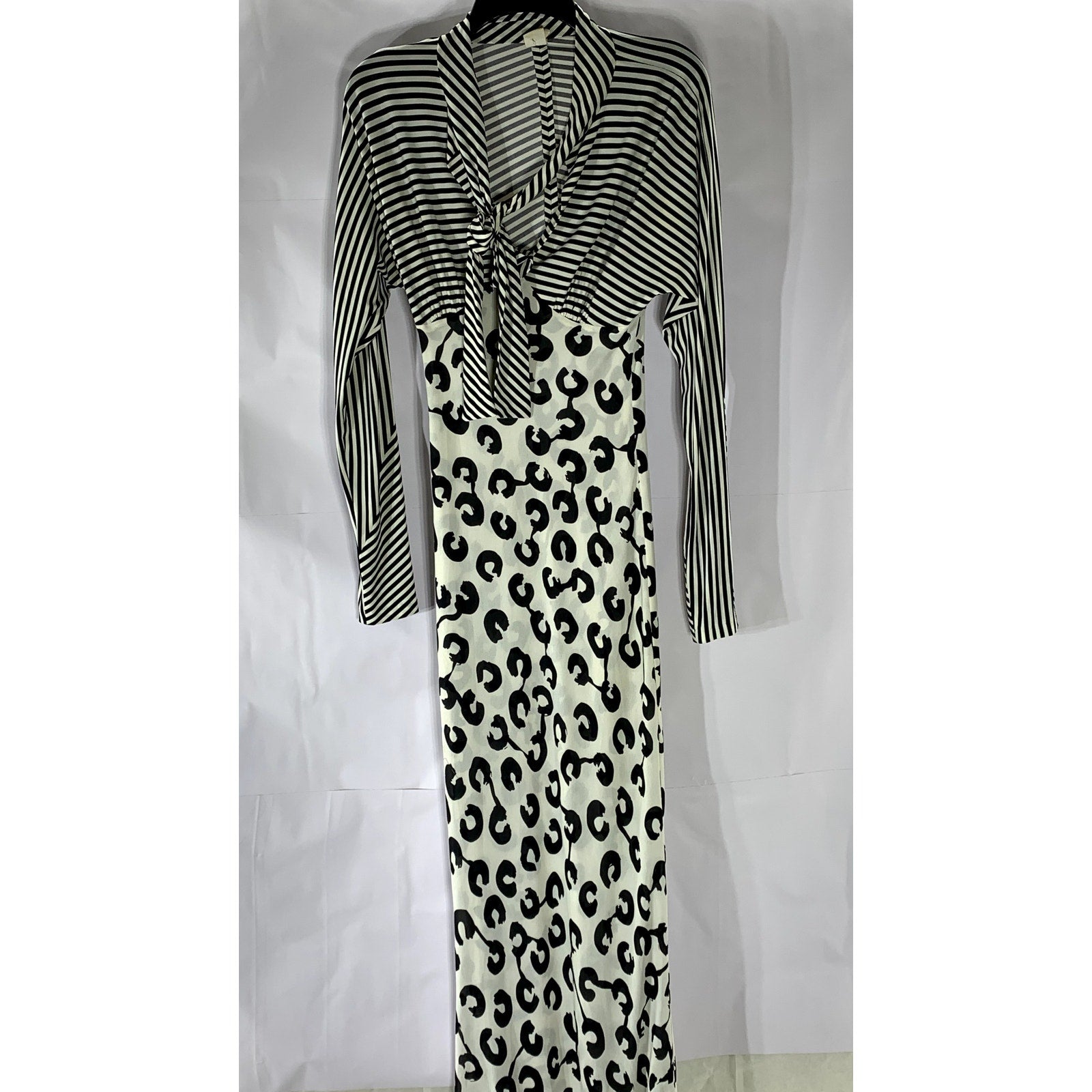 LILY Women's Black-White Striped-Printed Tie-Front Long Sleeve Maxi Dress SZ S