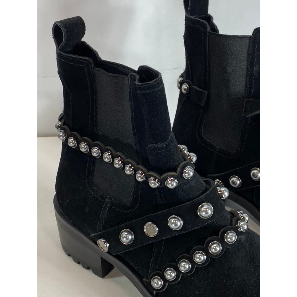 KARL LAGERFELD PARIS Women's Black Pia Faux Pearl Studded Chelsea Boots SZ 7.5
