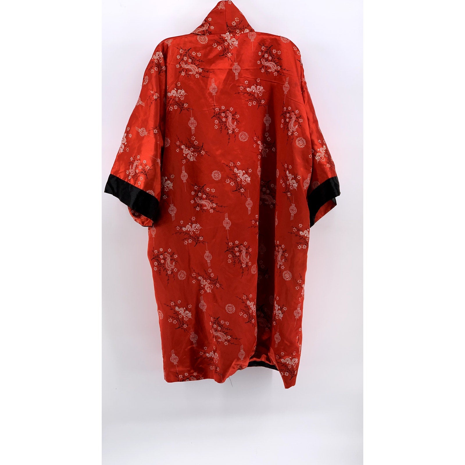 UNBRANDED Unisex Black-Red Vintage Rare Thai Silky Dragon Reversible Kimono