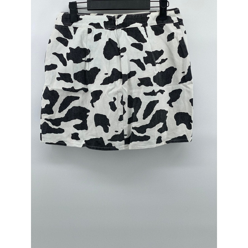 LE LIS Women's Black-White Animal-Print Denim Split-Hem Straight Mini Skirt SZ M