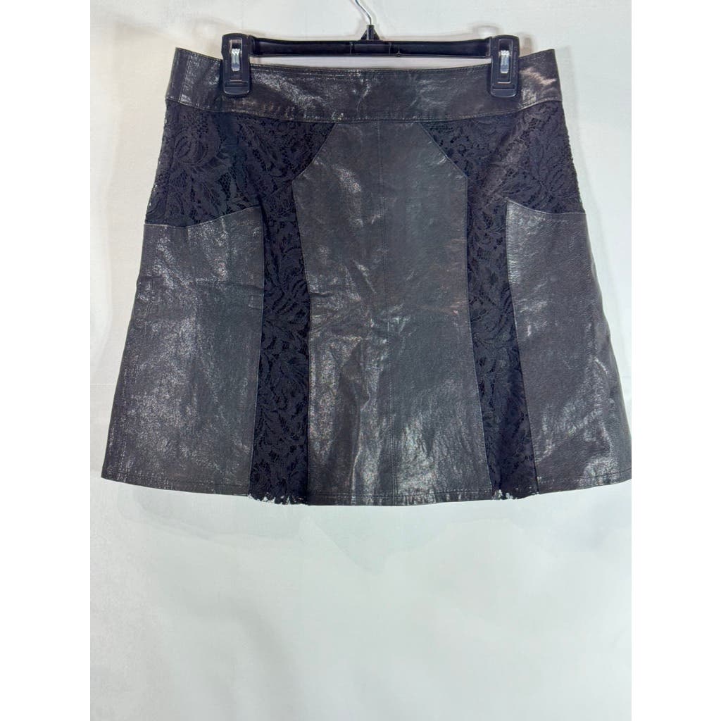 NANETTE LEPORE Women's Black Leather Lace Detail Back Button Mini Skirt SZ 8