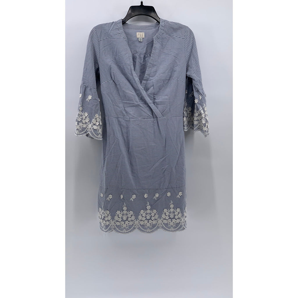 A NEW DAY Women's Blue-White Striped Surplice Embroidered Elbow Sleeve Dress SZS