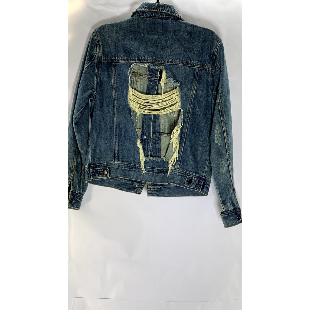 FOREVER 21 Women's Blue Denim Custom Studded Distressed Button-Up Jacket SZ S