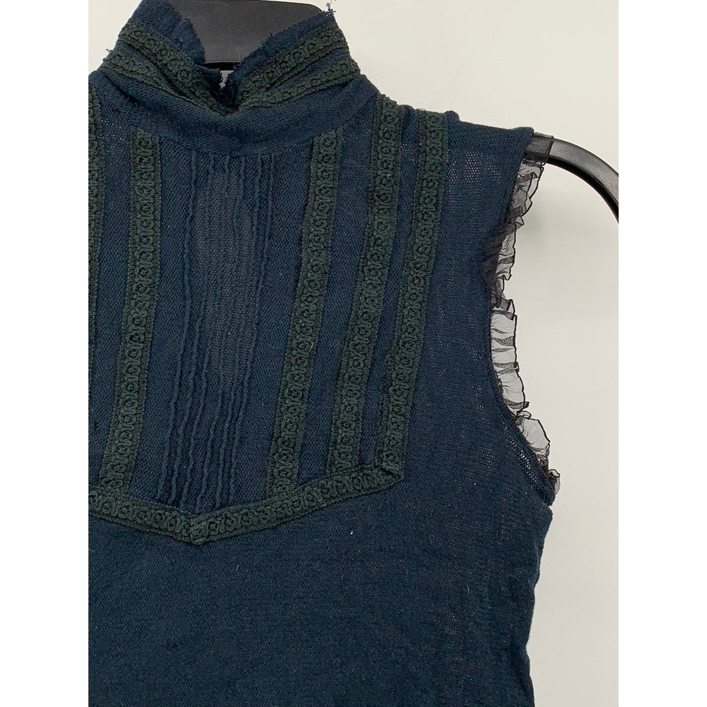 UNBRANDED Women's Navy Blue Sheer Ruffle Trim Lace Mock-Neck Top SZ S