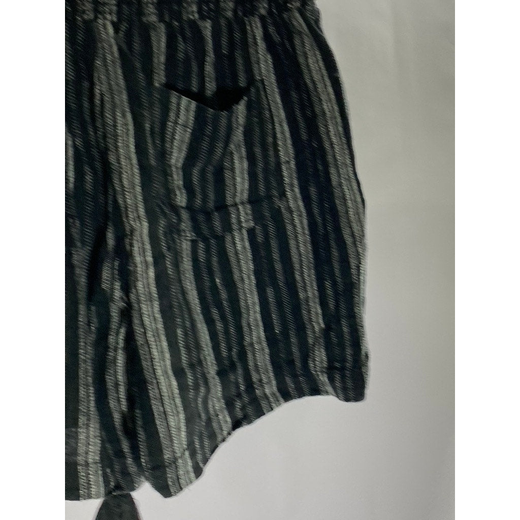 BRIGGS Women's Black-Gray Striped Elastic-Waist Linen Blend Shorts SZ L