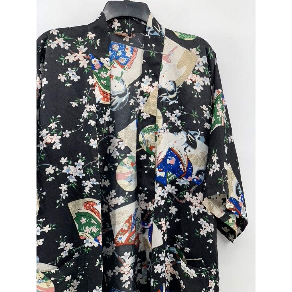 UNBRANDED Women's Black Floral Wide Sleeve Kimono SZ OS
