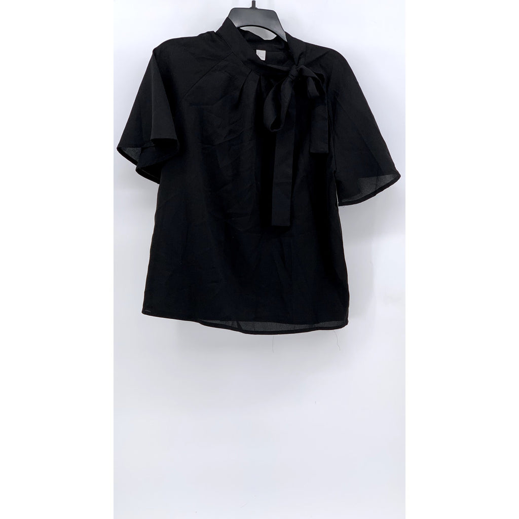 UNBRANDED Women's Black Neck-Tie Short Sleeve Top SZ L