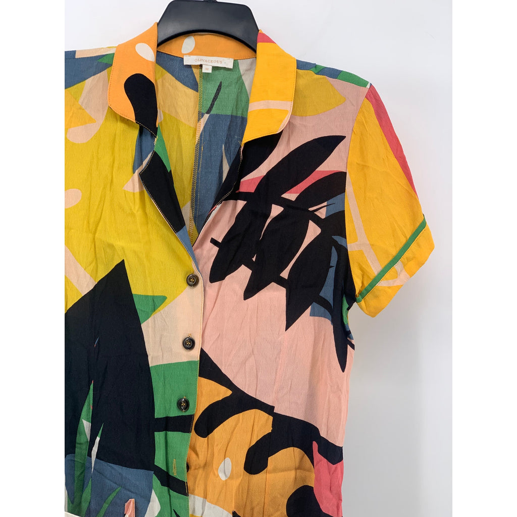 OLIVACIOUS Women's Yellow-Multicolor Tropical Print Button-Up Shirt Dress SZ M