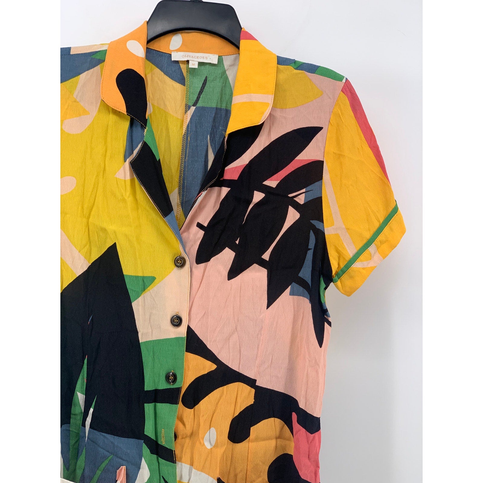 OLIVACIOUS Women's Yellow-Multicolor Tropical Print Button-Up Shirt Dress SZ M