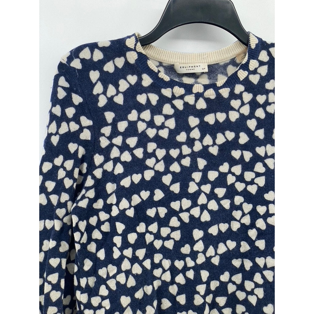 EQUIPMENT FEMME Women’s Navy-White Cashmere Heart Print Crewneck Sweater SZ S