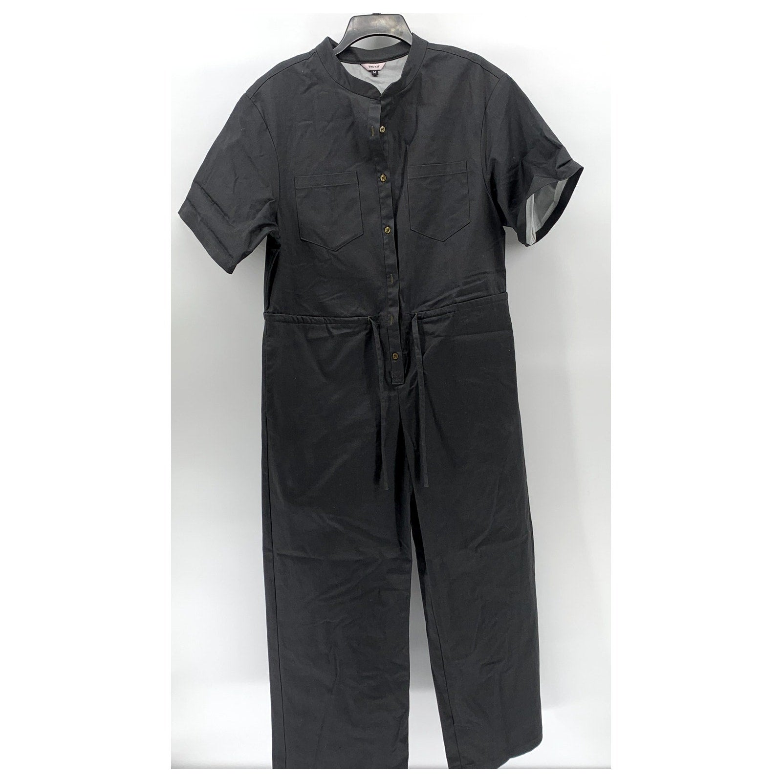 THE KIT. Women's Black Denim Short Sleeve Half-Button Wide-Leg Jumpsuit SZ M