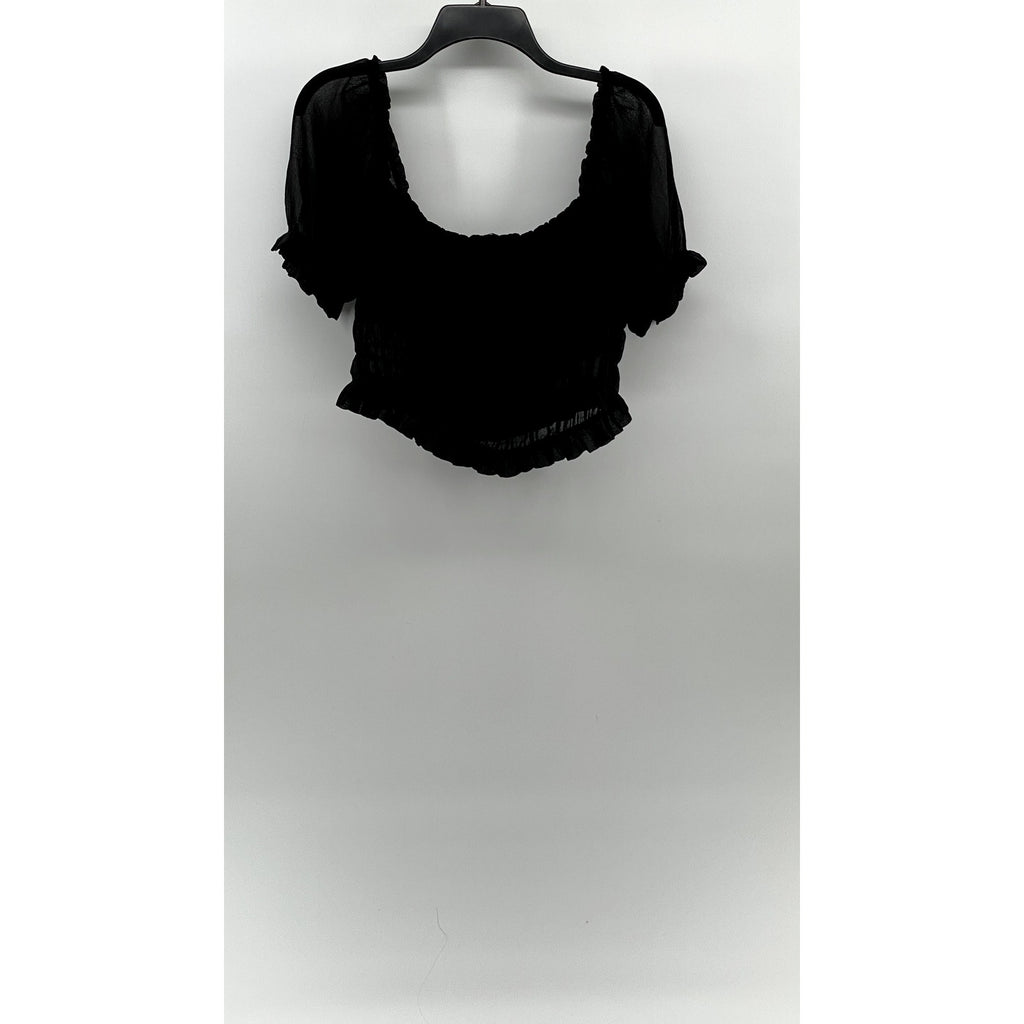 FOREVER 21 Women's Black Mesh Scoop-Neck Short Puff Sleeve Tiered Mesh Top SZ L