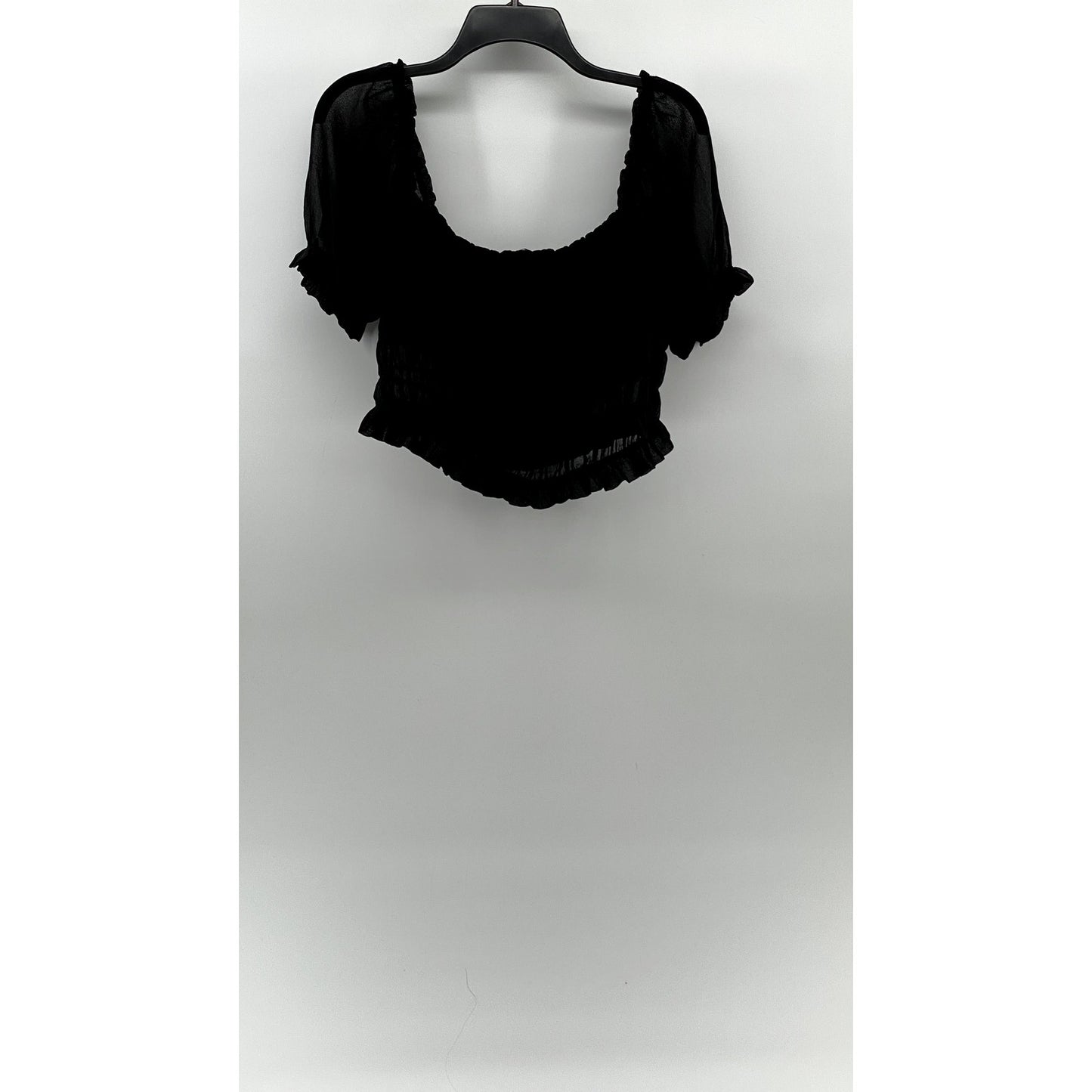 FOREVER 21 Women's Black Mesh Scoop-Neck Short Puff Sleeve Tiered Mesh Top SZ L