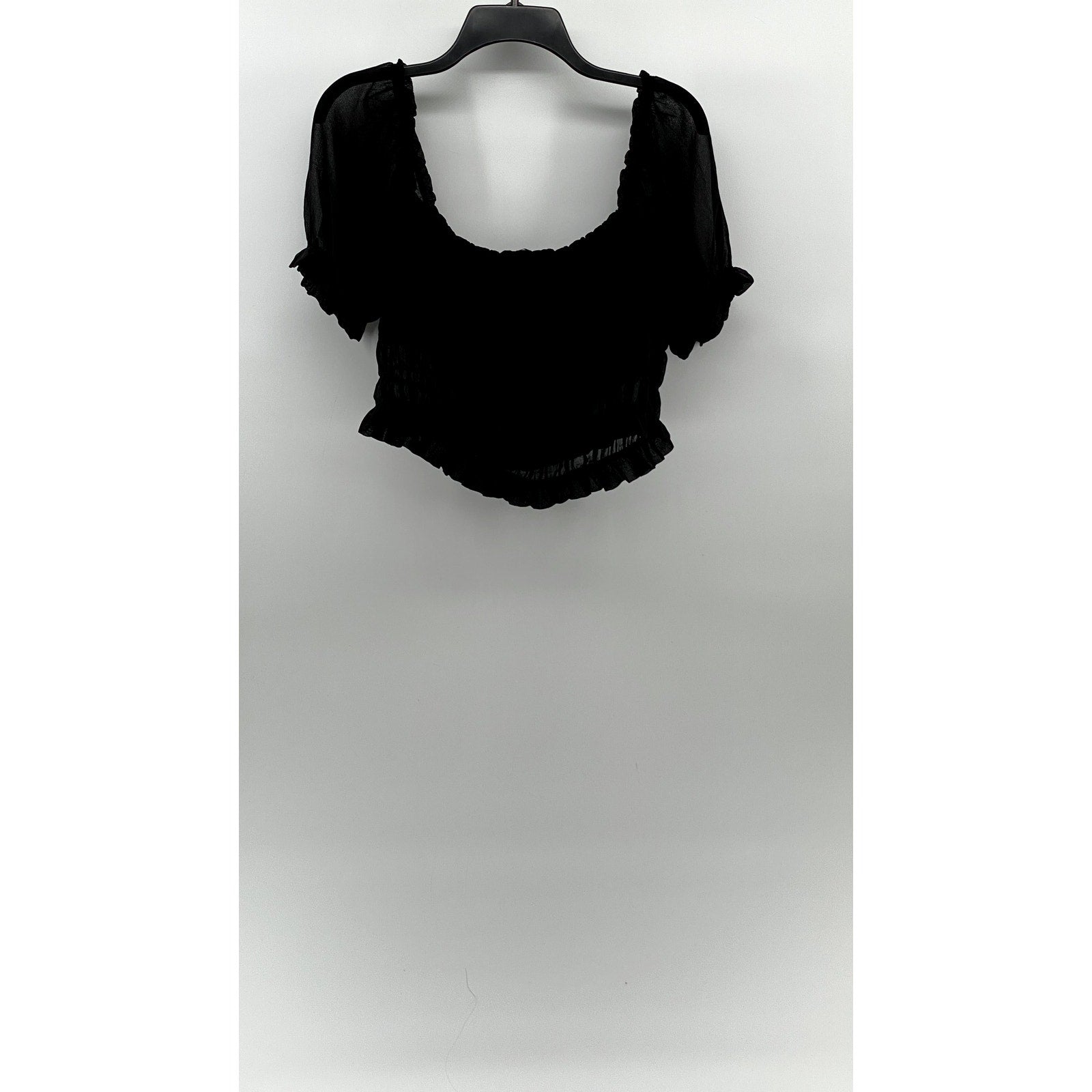 FOREVER 21 Women's Black Mesh Scoop-Neck Short Puff Sleeve Tiered Mesh Top SZ L