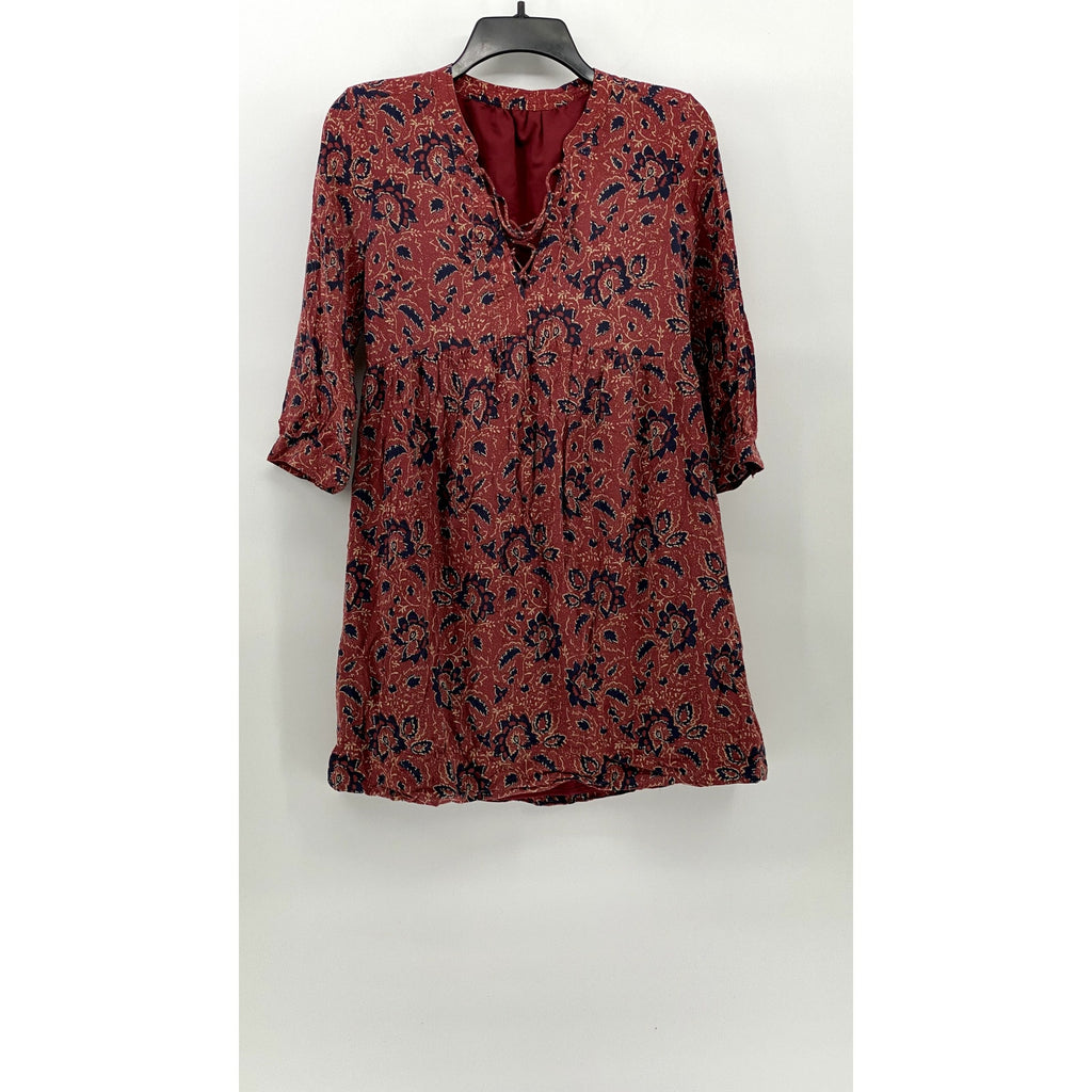 MADEWELL Women's Red Floral Silk Lace-Up V-Neck Long Sleeve A-Line Dress SZ S