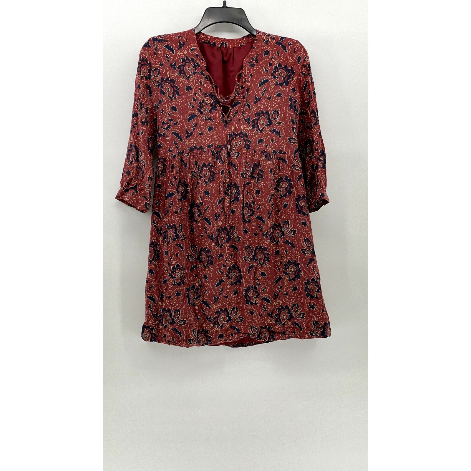 MADEWELL Women's Red Floral Silk Lace-Up V-Neck Long Sleeve A-Line Dress SZ S