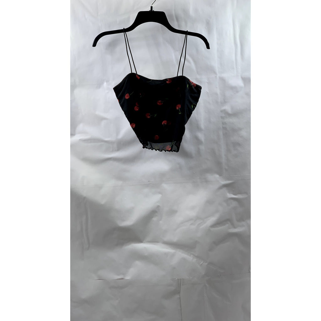 BEAR DANCE Women's Black Cherry Print Mesh Cami Crop Top SZ L