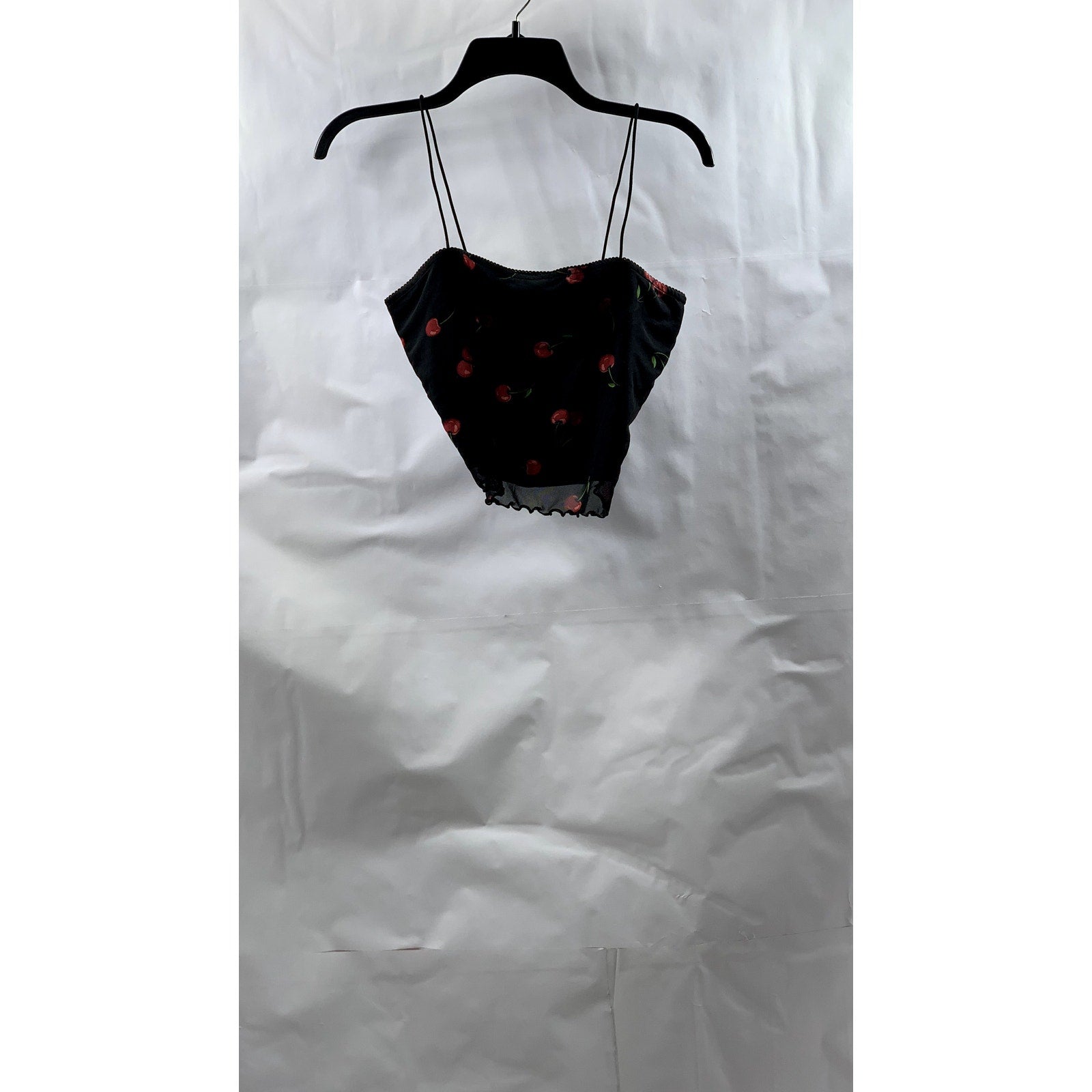 BEAR DANCE Women's Black Cherry Print Mesh Cami Crop Top SZ L