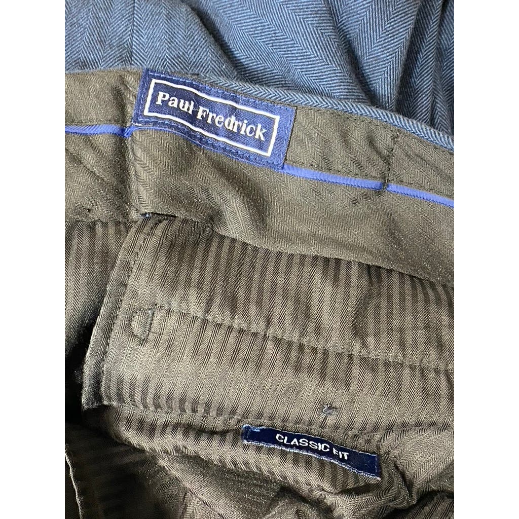 PAUL FREDRICK Men's Navy Cotton Stretch Classic-Fit Pleated Cuffed-Hem Pant SZ35