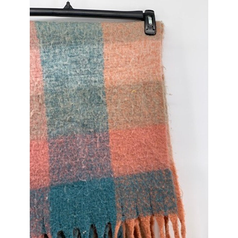 UNBRANDED Women's Peach-Blue Plaid Flannel Fringed Scarf