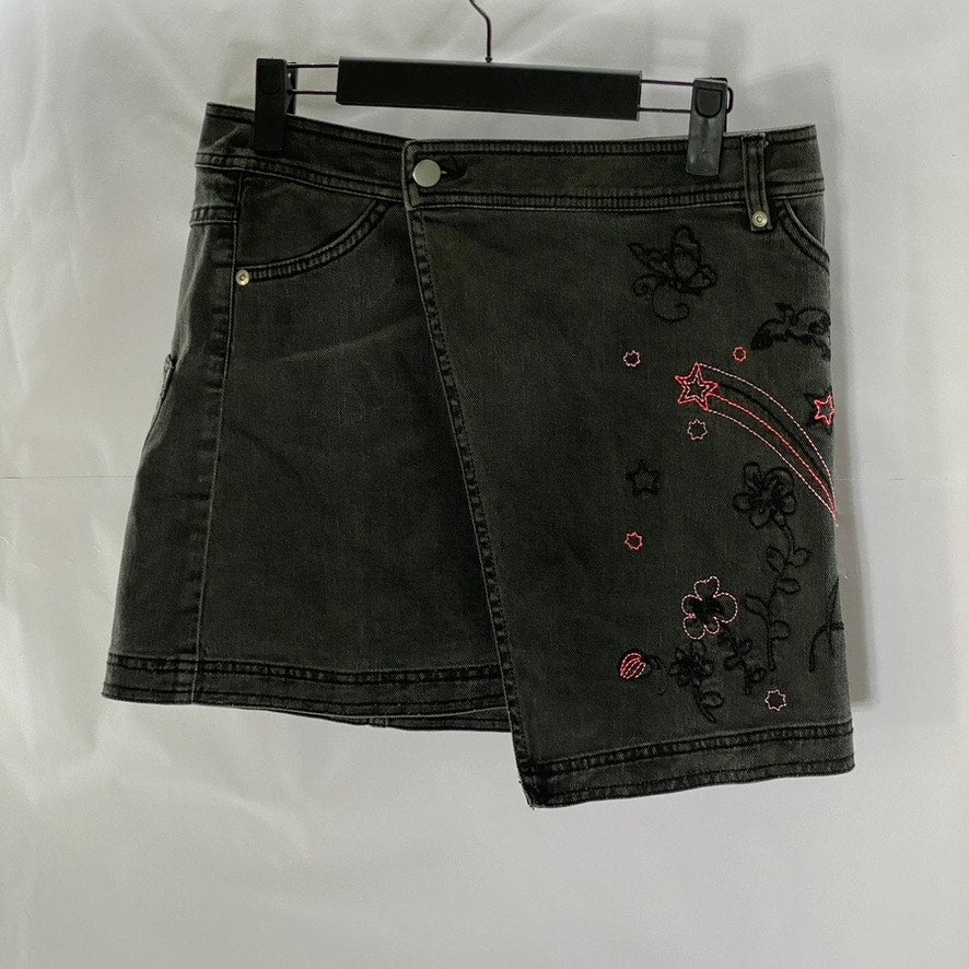 H&M Women's Black Denim Embroidered Star-Flower Mini Wrap Skirt SZ 6