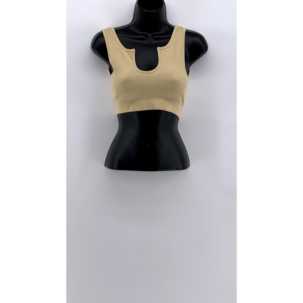 UNBRANDED Women's Tan Split Neck Ribbed Crop Top SZ S