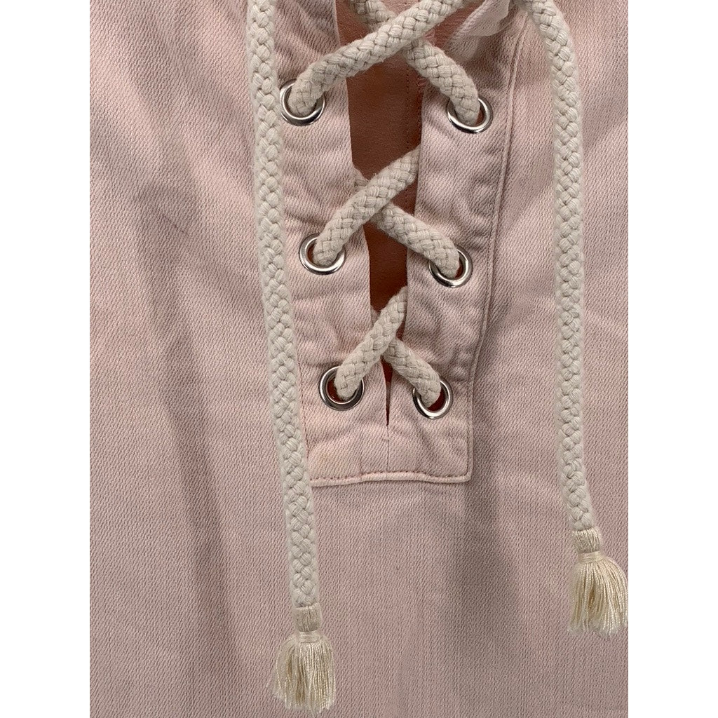 AERIE Women's Light Pink Lace-Up Neck Ruffle-Hem Sleeveless A-Line Dress SZ S