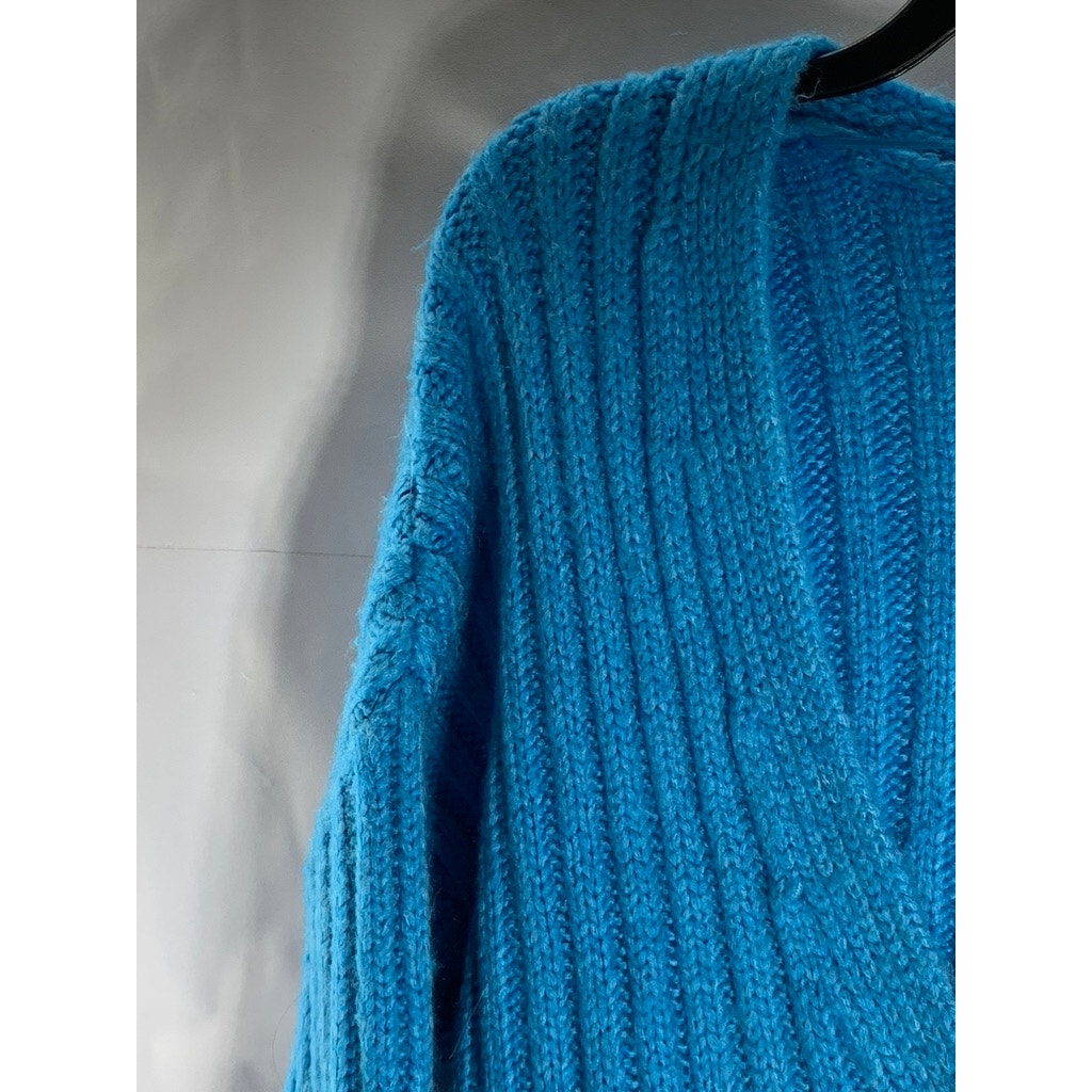 MANGO Women's Blue Ribbed V-Neck Button-Up Oversized Long Sleeve Cardigan SZ M
