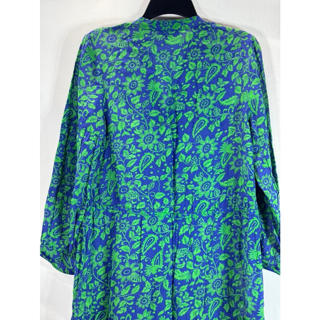 WHISTLES Women's Green/Blue Multi Valeria Henna 3/4 Sleeve Shirt Dress SZ L