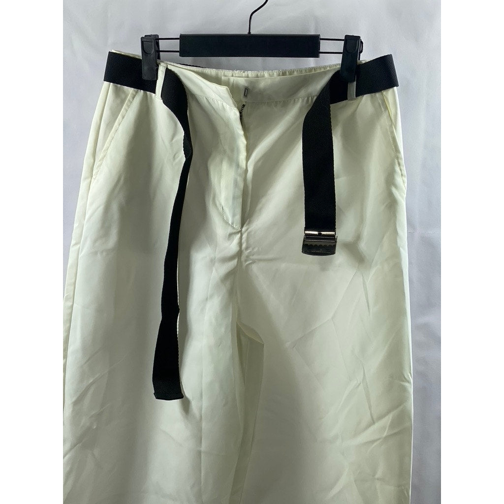 PLEASE Women's White-Black Solid Belted Baggy Pants SZ M