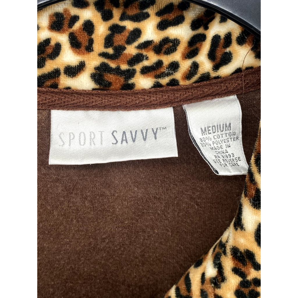 SPORT SAVVY Women's Brown Soft Y2K Animal Print Zip-Up Long Sleeve Sweater SZ M