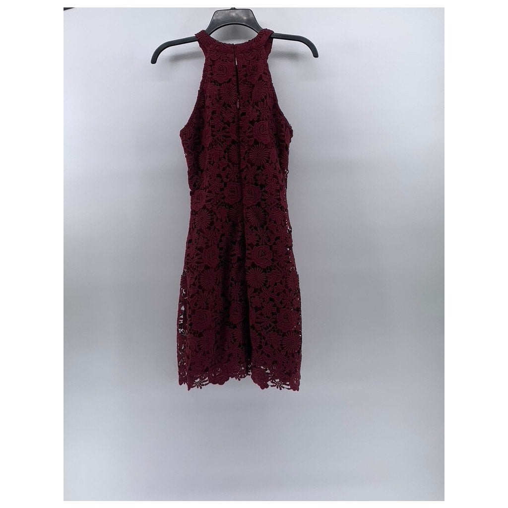 LULUS Women's Burgundy High-Neck Lace Sleeveless Mini Dress SZ M