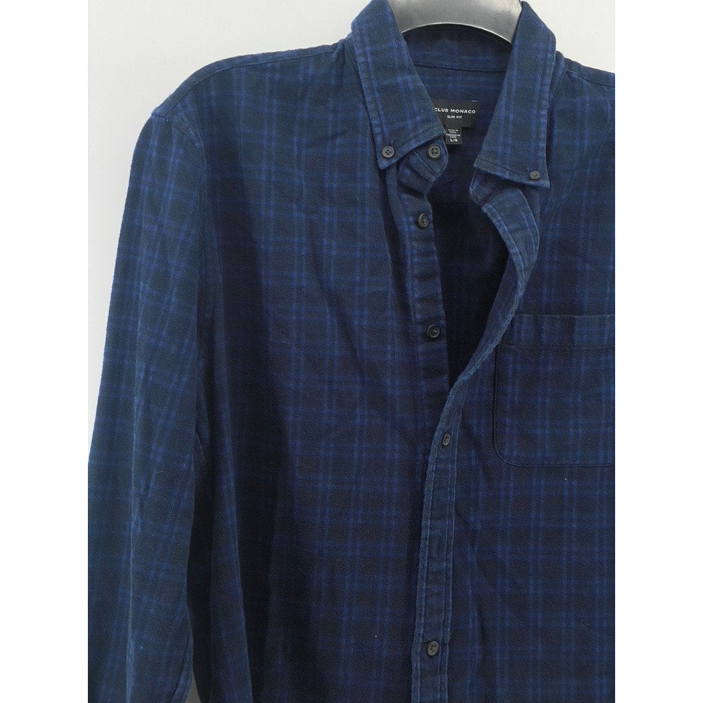 CLUB MONACO Men's Dark Blue-Black Check Slim-Fit Button-Up Long Sleeve Shirt SZL