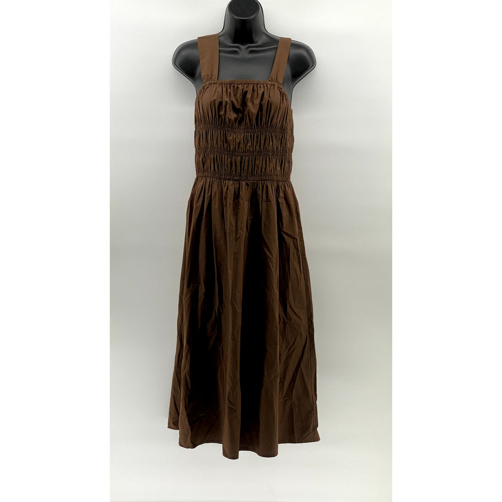 THE DROP Women's Brown Lu Wide Strap Smocked Fit & Flare Knee Length Dress SZ S
