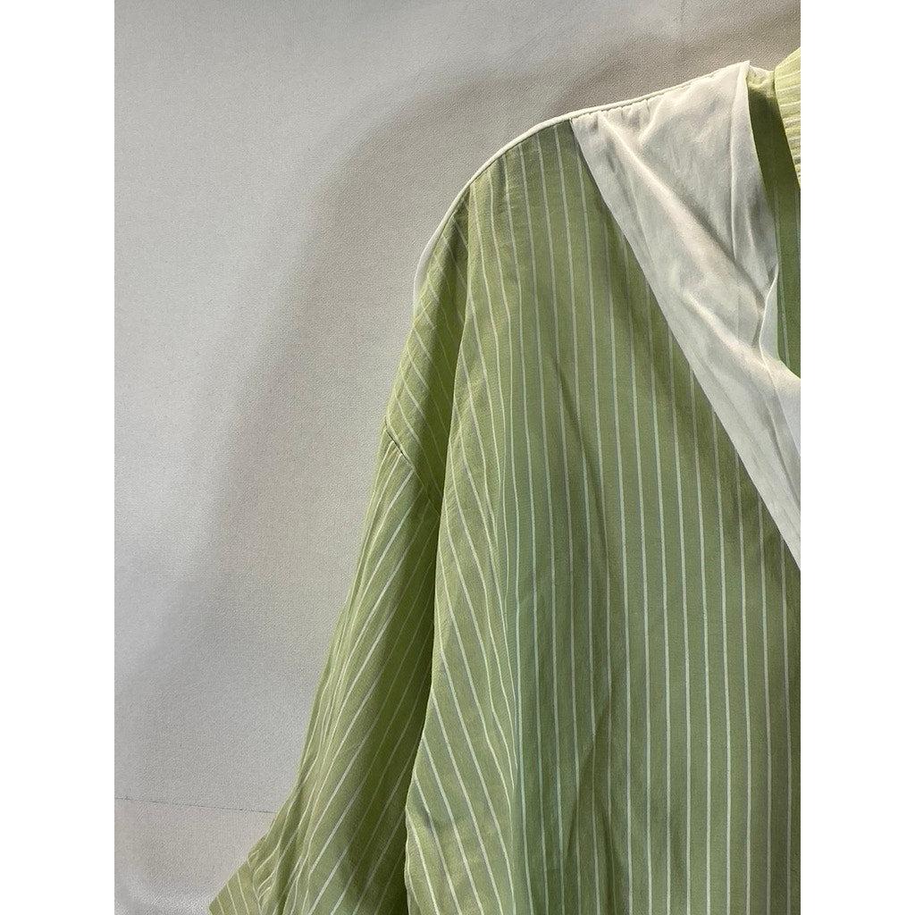UNBRANDED Women's Green/White Pinstripe Preppy Over Shoulder Tie Top SZ XL