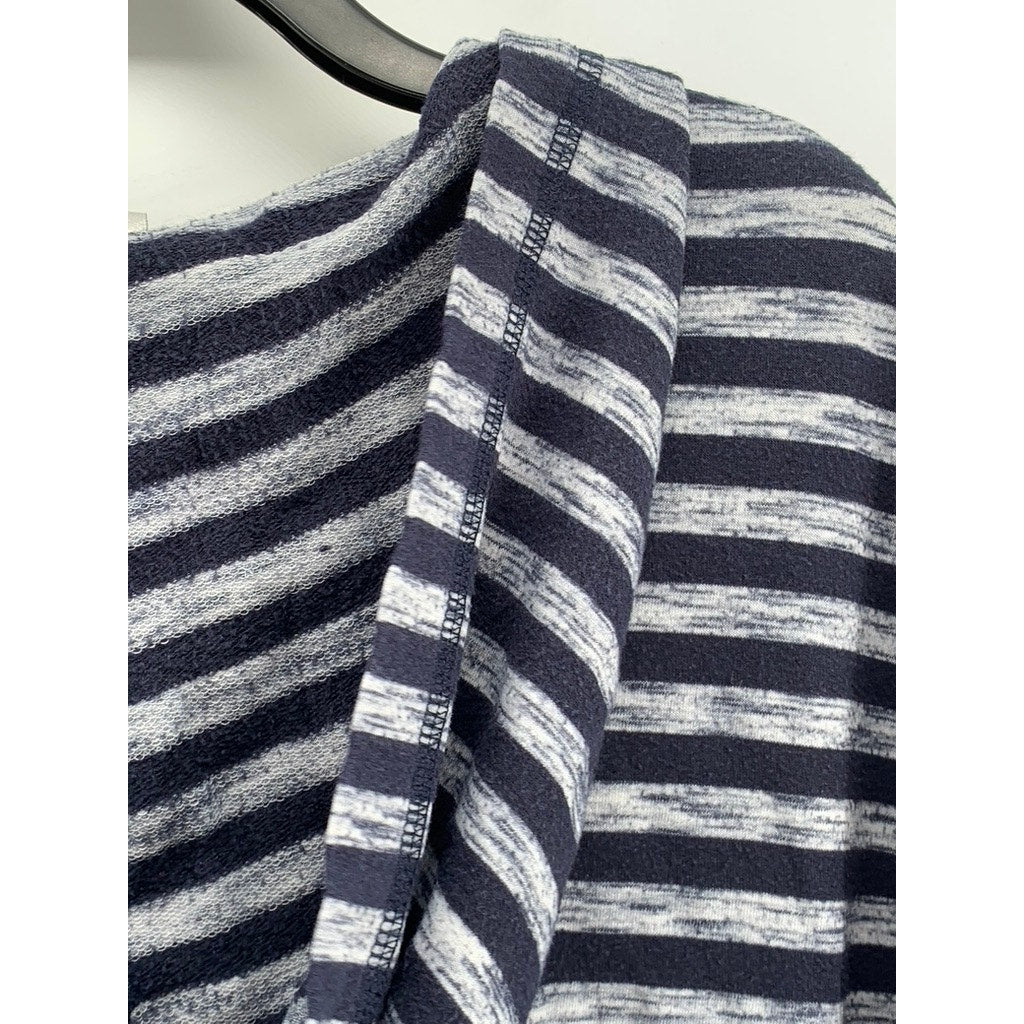 AVENUE Women's Plus Navy-Gray Striped V-Neck Hooded Long Sleeve Top 22/24