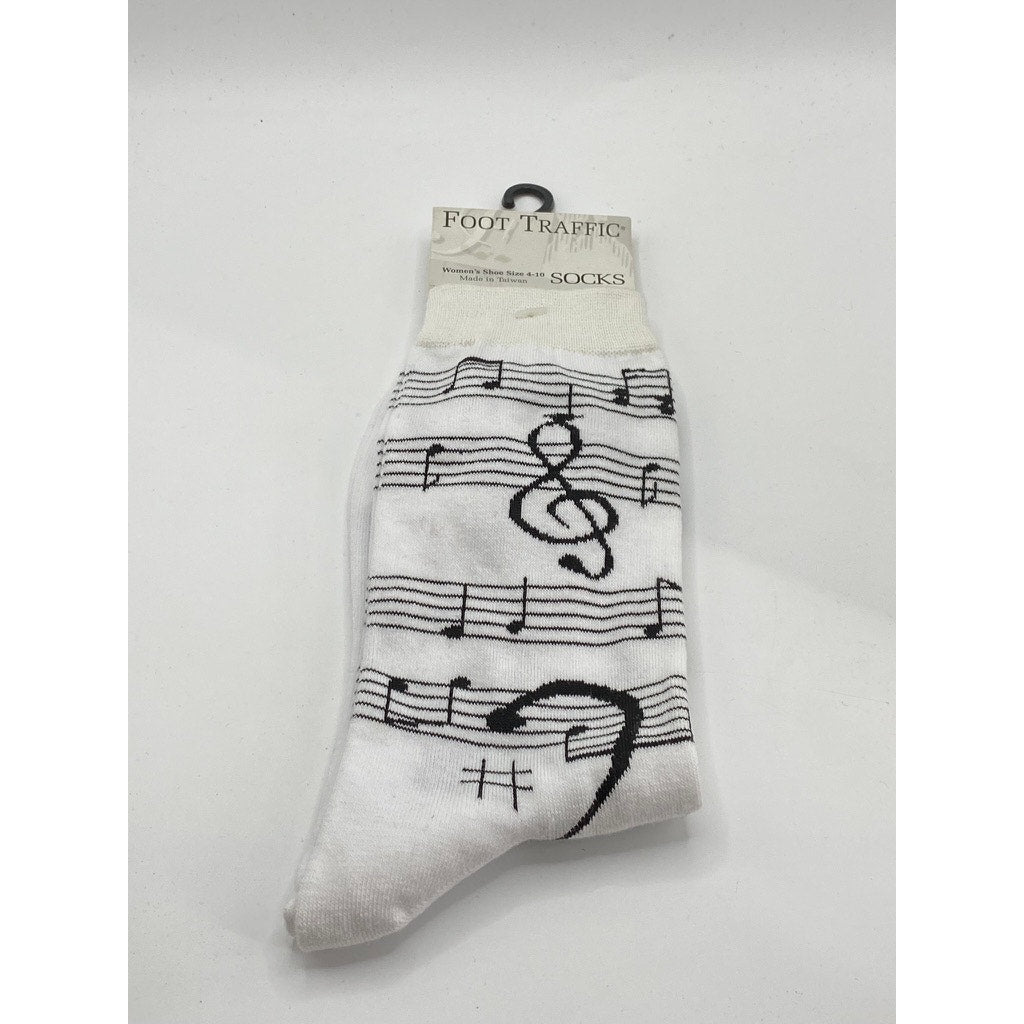 FOOT TRAFFIC Women's White-Black Music Note Print Crew Socks SZ 4-10
