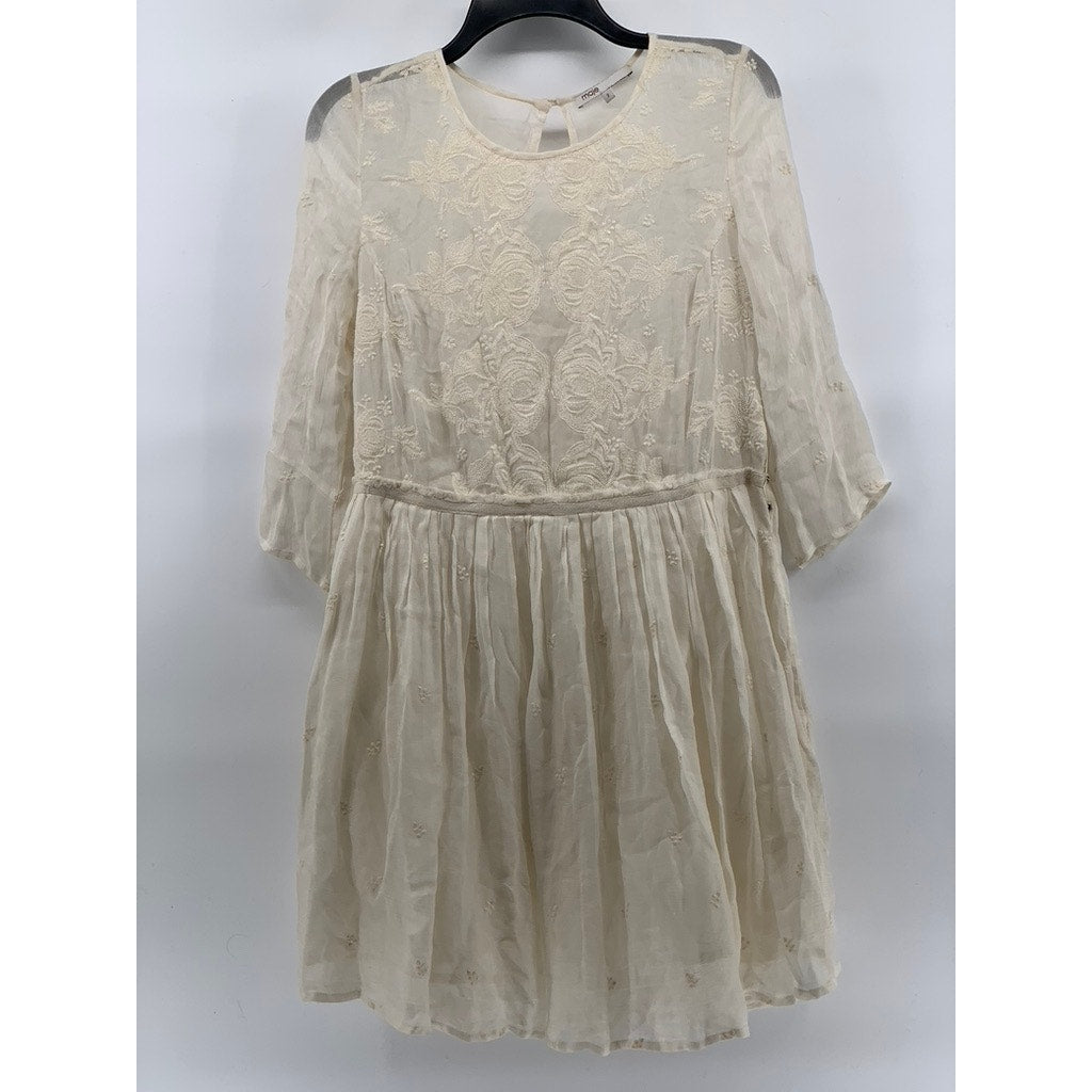 MAJE Women's Beige Floral Lace Crewneck Long Sleeve A-Line Mini Dress SZ 2